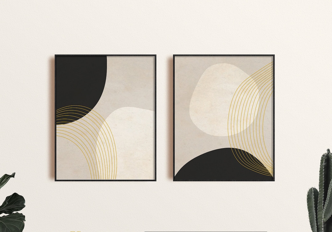 Modern Abstract Wall Art Print Set of 2, Black and Gold Geometric ...