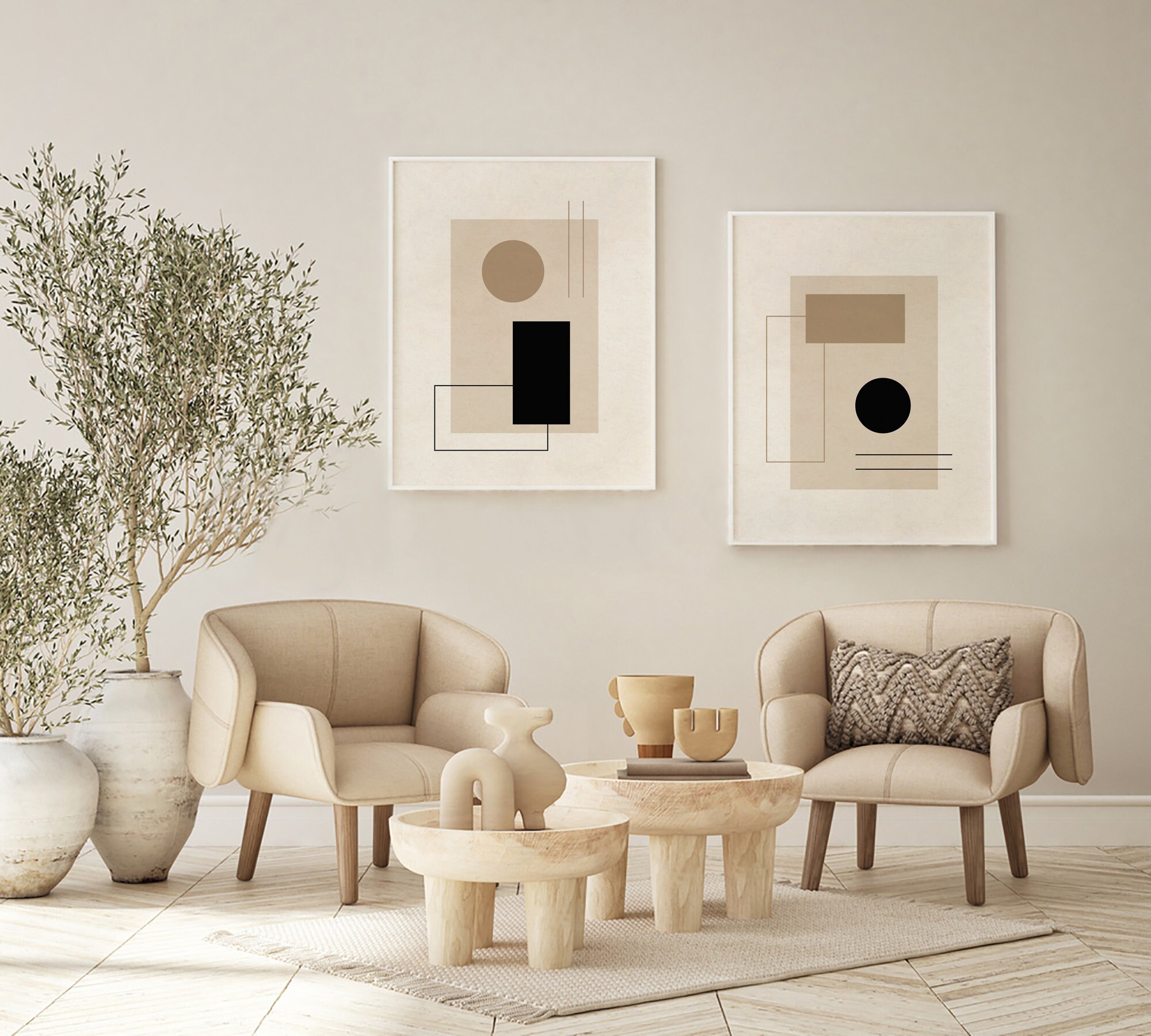 Mid Century Modern Printable Wall Art Set of 2, Neutral Geometric ...