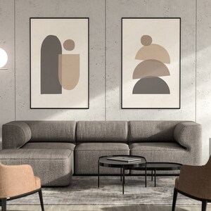 Juego de impresión de arte moderno de mediados de siglo de 2, arte de pared de formas geométricas neutras, juego de impresión de arte abstracto mínimo, arte de pared de decoración boho de impresión digital imagen 2