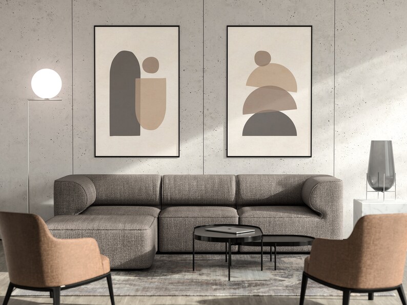 Juego de impresión de arte moderno de mediados de siglo de 2, arte de pared de formas geométricas neutras, juego de impresión de arte abstracto mínimo, arte de pared de decoración boho de impresión digital imagen 2