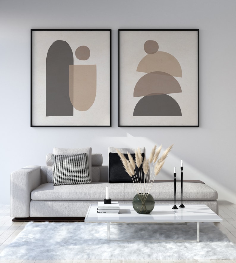 Juego de impresión de arte moderno de mediados de siglo de 2, arte de pared de formas geométricas neutras, juego de impresión de arte abstracto mínimo, arte de pared de decoración boho de impresión digital imagen 6