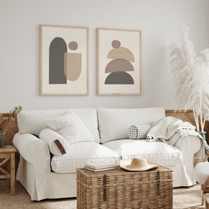 Juego de impresión de arte moderno de mediados de siglo de 2, arte de pared de formas geométricas neutras, juego de impresión de arte abstracto mínimo, arte de pared de decoración boho de impresión digital imagen 3