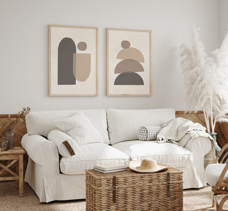 Juego de impresión de arte moderno de mediados de siglo de 2, arte de pared de formas geométricas neutras, juego de impresión de arte abstracto mínimo, arte de pared de decoración boho de impresión digital imagen 3