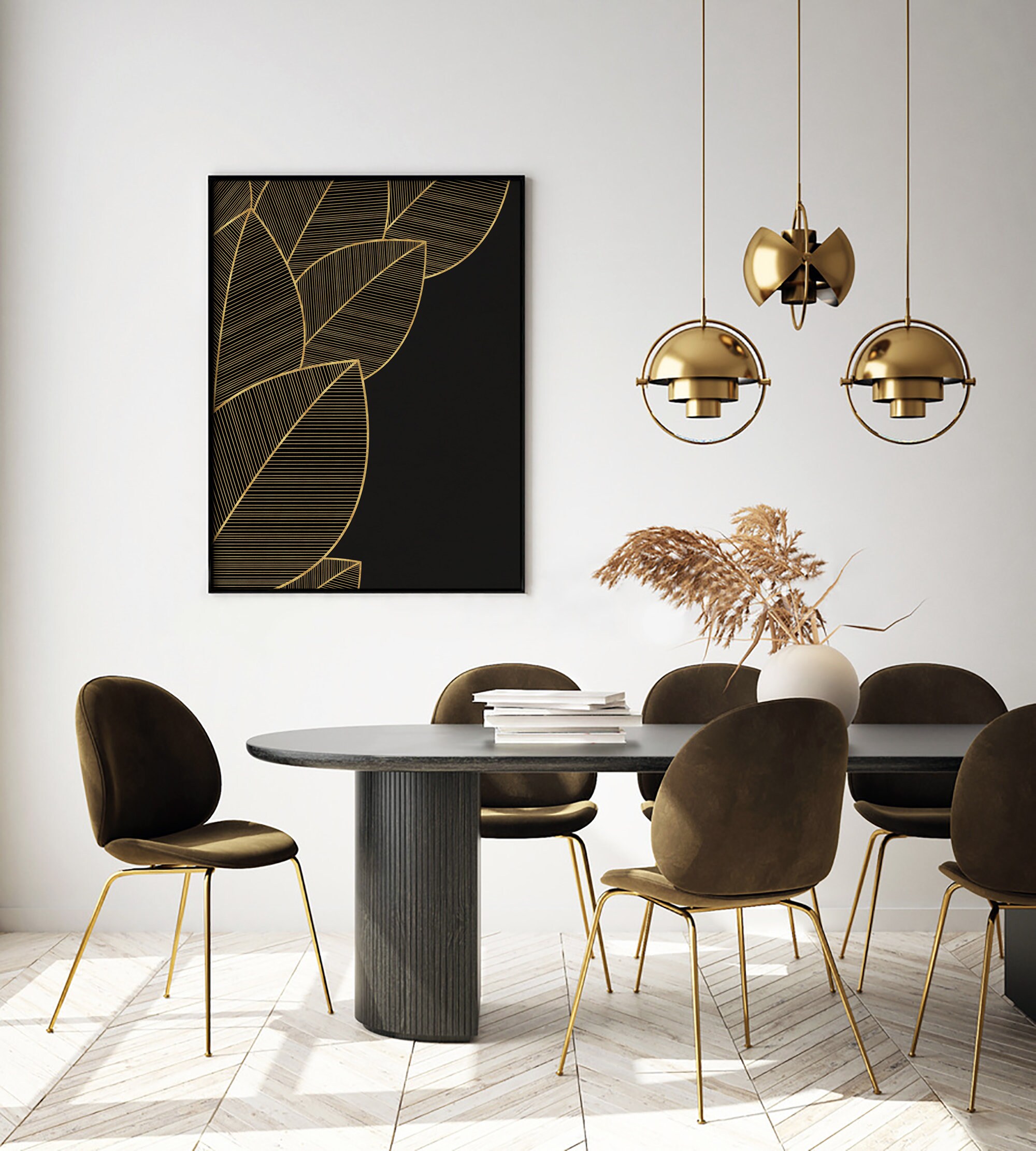 Black and Gold Wall Art, Modern Printable Wall Art Set of 2, Leaf Art ...