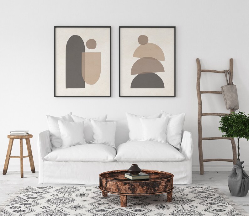 Juego de impresión de arte moderno de mediados de siglo de 2, arte de pared de formas geométricas neutras, juego de impresión de arte abstracto mínimo, arte de pared de decoración boho de impresión digital imagen 9