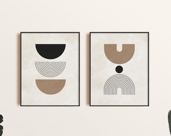 Impresión de arte de pared moderna de mediados de siglo et de 2, arte de formas geométricas beige, arte de pared moderno imprimible neutral, impresión de arte abstracto mínimo digital
