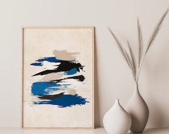 Arte de pared imprimible moderno, impresión de arte beige azul minimalista, impresión de arte de pinceladas abstractas, arte de pared imprimible, descarga de impresión digital
