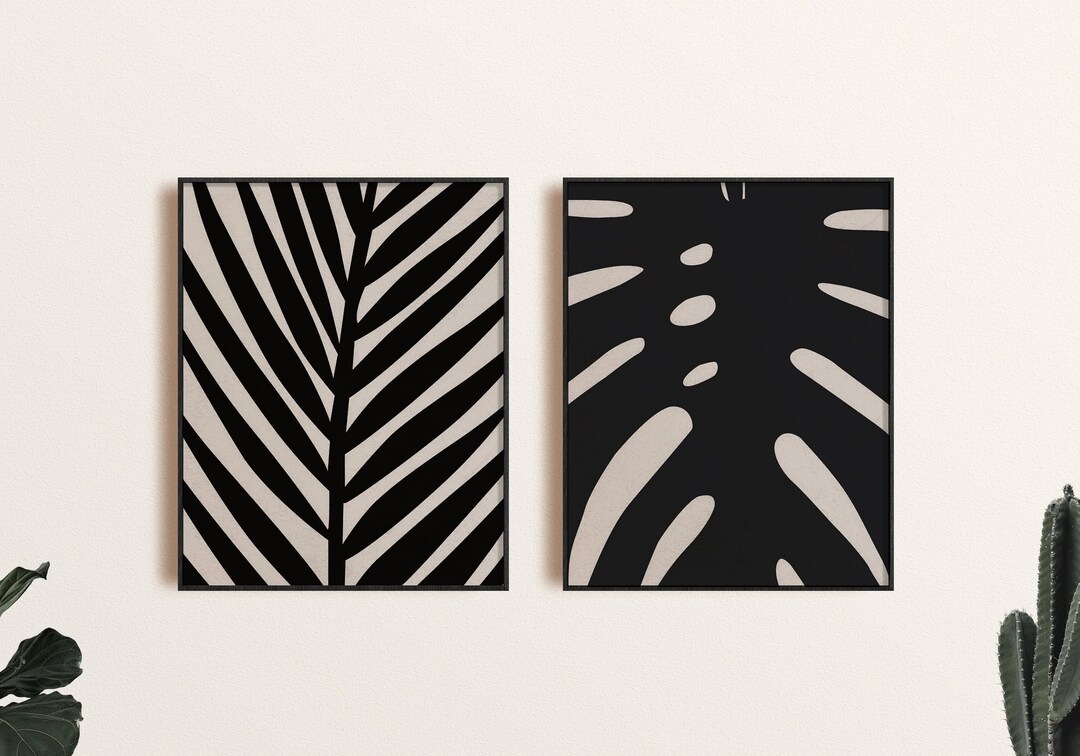 Abstract Wall Art Print Set of 2, Botanical Leaf Wall Art, Black and ...