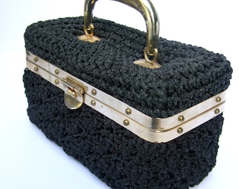 Italian Black Woven String Box Purse c 1980s
