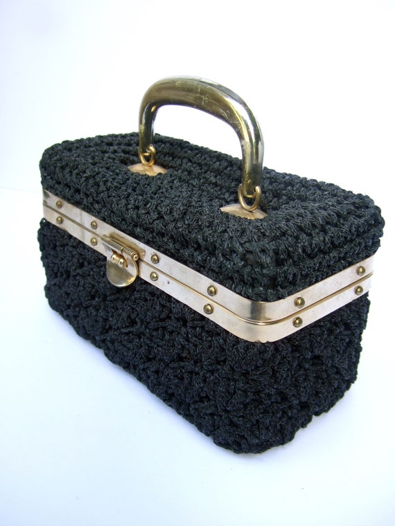 Italian Black Woven String Box Purse c 1980s