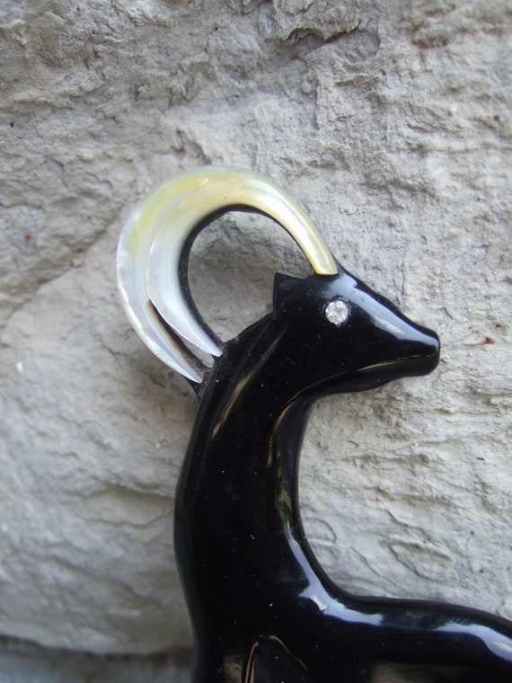 Sleek Black Molded Resin Large Scale Antelope - Gazelle Brooch c 1990s