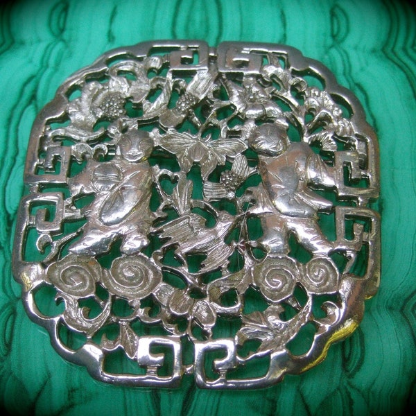 JUDITH LEIBER Asian Themed Silver Metal Pendant Brooch c 1980s