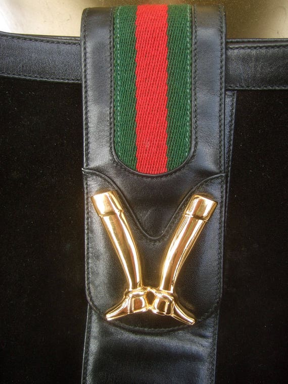 GUCCI Italy Rare Black Suede Boot Clasp Shoulder Bag C 1970s 