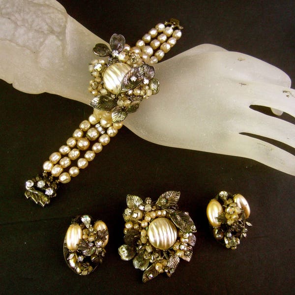Exquisite Glass Enamel Pearl & Crystal Set by Robert' c 1950s