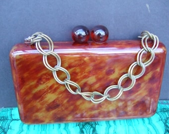 Sleek Tortoise Shell Lucite Rectangular Box Purse c 1950s