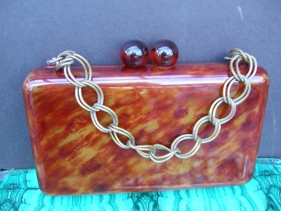 Sleek Tortoise Shell Lucite Rectangular Box Purse… - image 1