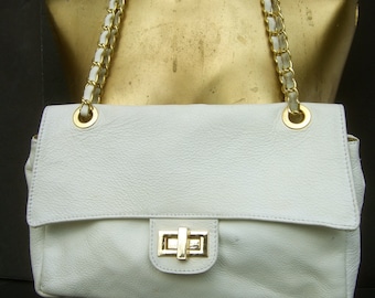 Italian White Pebble Leather Gilt Trim Handbag c 1990a