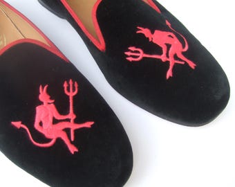 STUBBS & WOOTTON Men's Black Velvet Devil Slipper Shoes in Box US Size 10.5