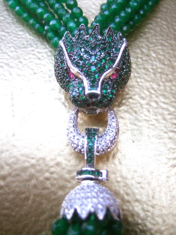 Opulent Green Crystal Panther Tassel Necklace - image 1