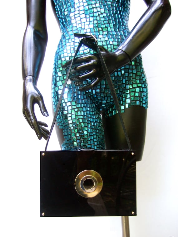 Sleek Mod Black Rectangular Lucite Panel Shoulder… - image 1