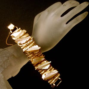 Elegant Carved Mother of Pearl Gilt Metal Link Bracelet by Kafin NY image 4