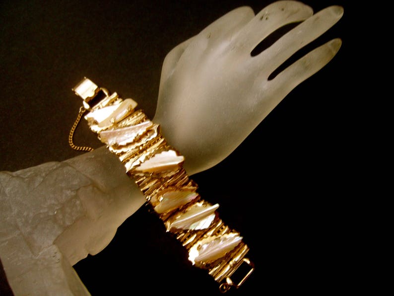Elegant Carved Mother of Pearl Gilt Metal Link Bracelet by Kafin NY image 4