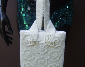 Elegant White Glass Hand Beaded Evening Bag c 1960