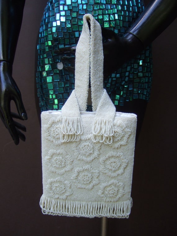 Elegant White Glass Hand Beaded Evening Bag c 1960 - image 1