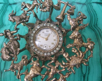 Exquisite Sterling Gilt Vermeil Astrological Clock Brooch Designed by Taylor