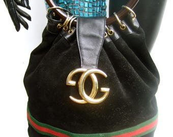 GUCCI Italy Extremely Rare Black Suede Resin Handle Iconic Handbag c 1970s