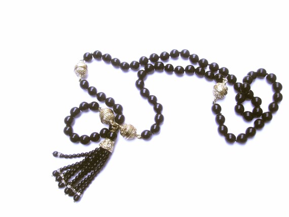 Opulent Ebony Glass Beaded Sautoir Necklace c 198… - image 3