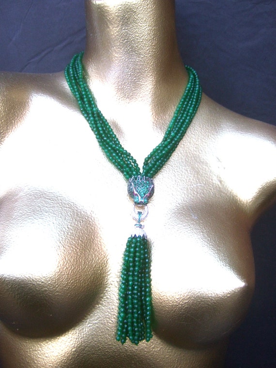 Opulent Green Crystal Panther Tassel Necklace - image 2