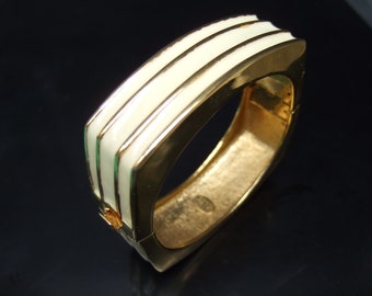 LANVIN Paris Sleek Striped Enamel Hinged Cuff Bracelet c 1970s