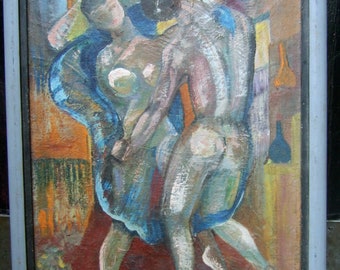 Könnte beinhalten: Ein Gemälde, das zwei Figuren in einem stilisierten, abstrakten Stil zeigt. Die Figuren sind nackt und scheinen zu tanzen oder sich zu umarmen. Der Hintergrund ist eine Mischung aus blauen, grünen und orangen Farbtönen.
