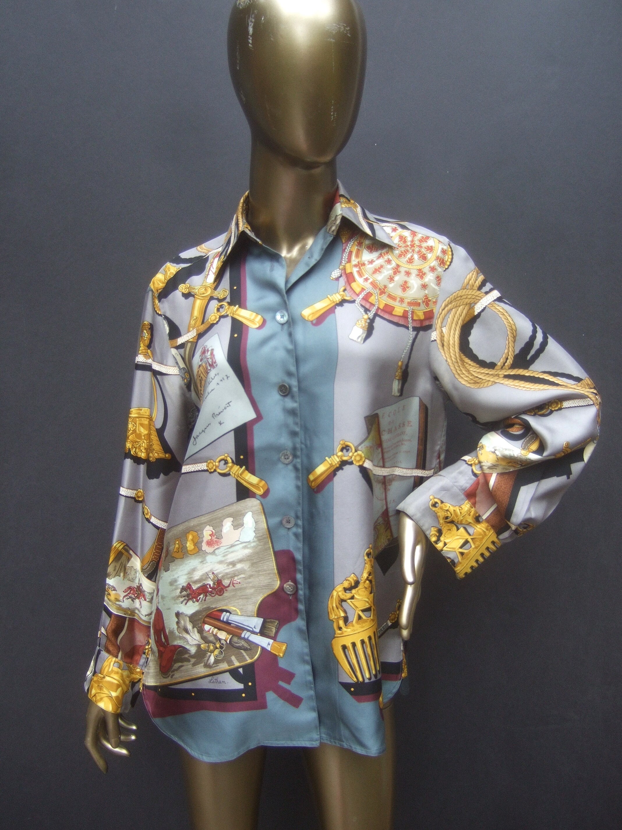 HERMES' PARIS Luxurious Silk Equestrian Bridals Blouse Size HERMES' PARIS Luxurious Silk Equestrian Bridals Blouse Size