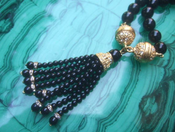 Opulent Ebony Glass Beaded Sautoir Necklace c 198… - image 5