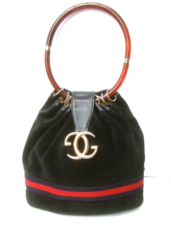 GUCCI Italy Extremely Rare Dark Blue Suede Amber Lucite Handle