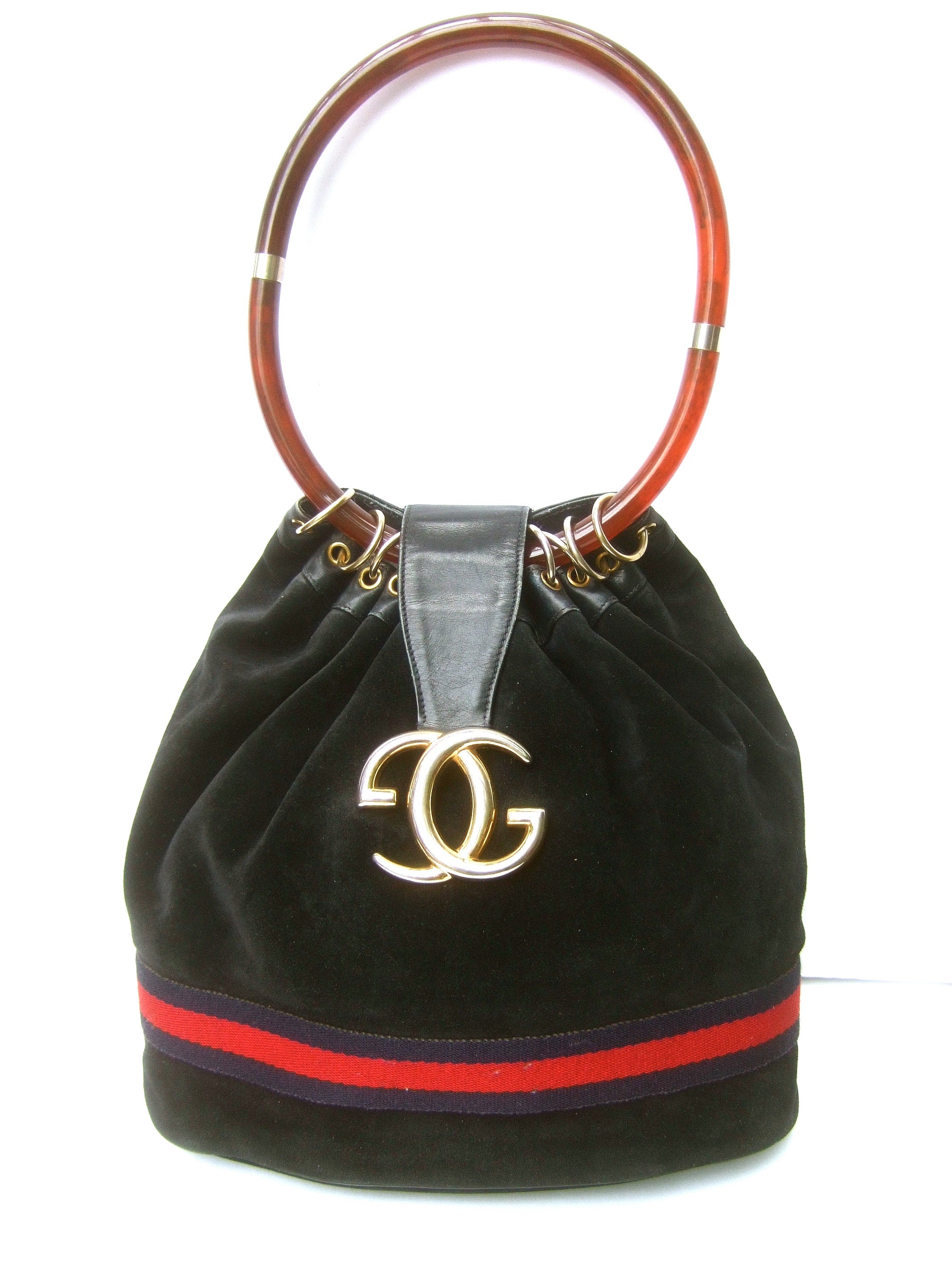 Vintage GUCCI Black Leather Handbag with Red Leather Interior c.1960s
