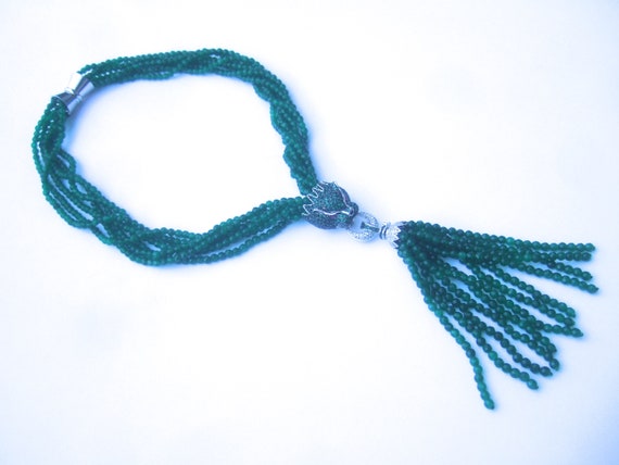 Opulent Green Crystal Panther Tassel Necklace - image 9