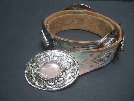 Western Tooled Leather Belt with Decorative Agate Buckle Vintage Cowboy Belt - Agate Belt Buckle - Love! - Hand  main image 4