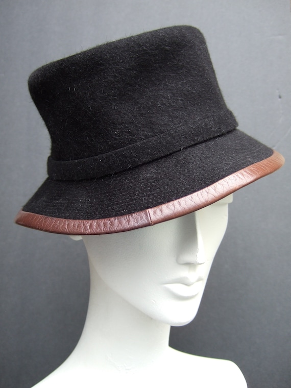 HERMES Paris Black Wool Brown Leather Trim Hat Lab