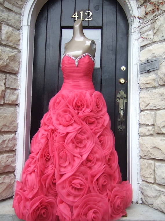 frothy pink dress Frothy Deep Pink Chiffon Rosette Southern Belle Gown Designed by Jovanni C  1990s