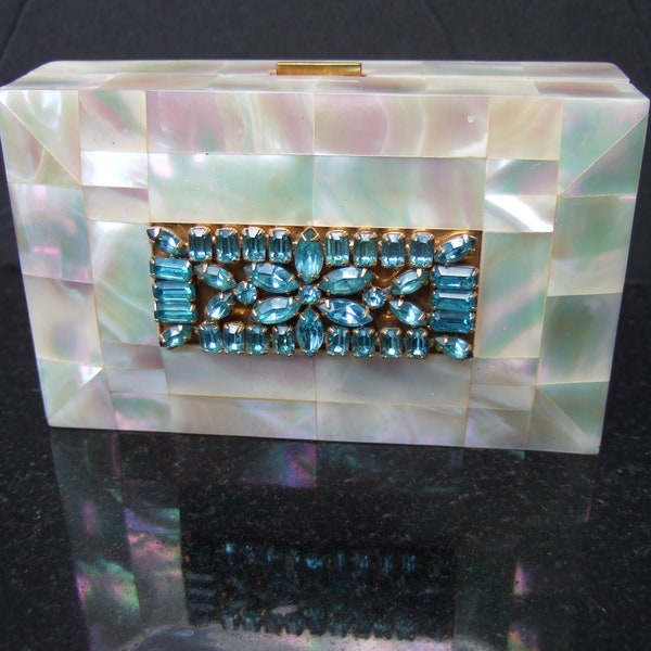 Opulent Mother of Pearl Aquamarine Crystal Vanity Compact Evening Bag Designed by Elgin c 1950s