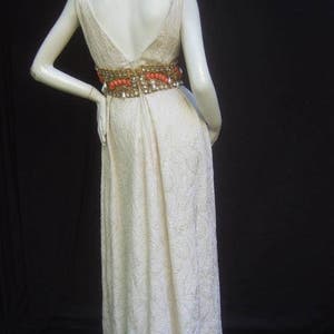 Ceil Chapman Stunning Ivory Brocade Jeweled Empire Gown. 1960's. As Is Imprefections image 2