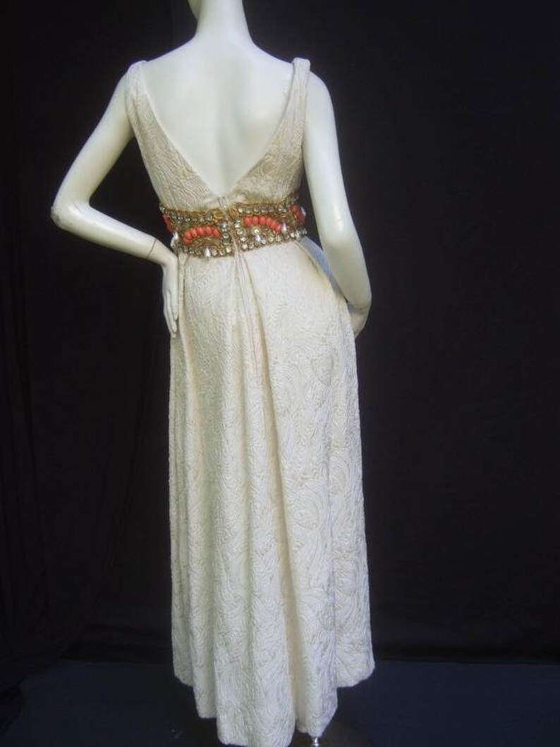 Ceil Chapman Stunning Ivory Brocade Jeweled Empire Gown. 1960's. As Is Imprefections image 2