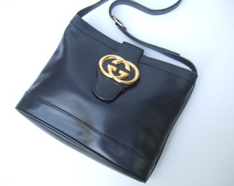 GUCCI Italy Stylish Dark Blue Leather Shoulder Bag c 1980s