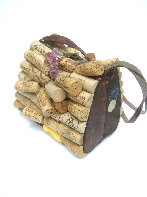 Whimsical Quirky Wine Bottle Cork Wood Box Purse … - image 7
