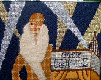 Exquisite 1970s Art Deco Inspired Needlepoint Artisan Framed Wall Hanging