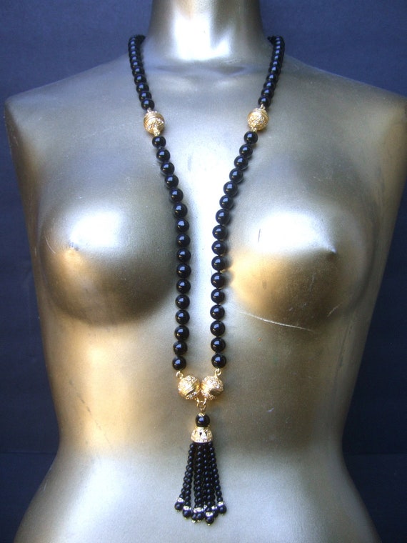 Opulent Ebony Glass Beaded Sautoir Necklace c 198… - image 9