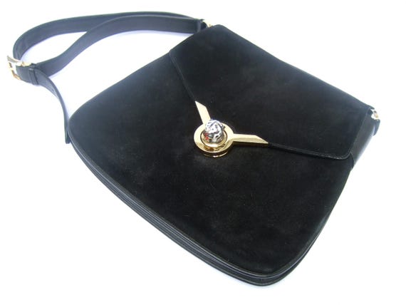 GUCCI Rare 1970s Black Suede Cloisonne Enamel Tiger Clasp Shoulder